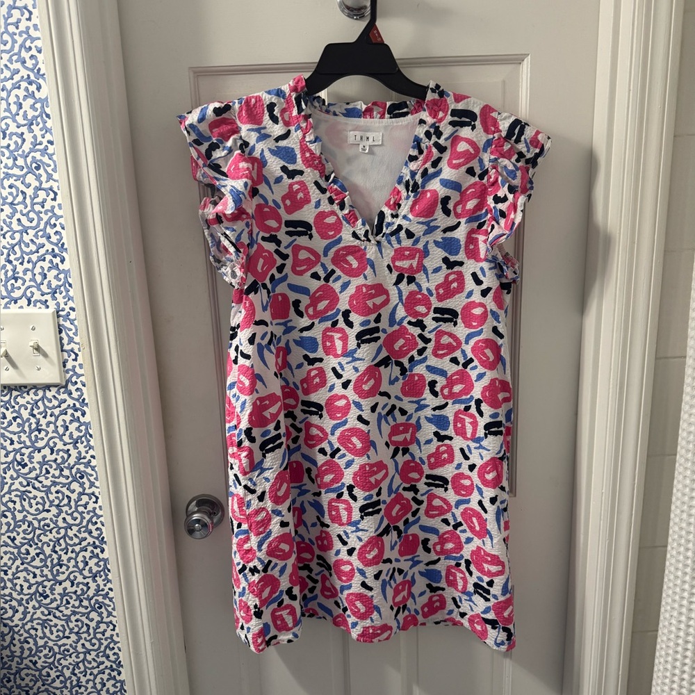 THML cotton dress M -pink blue floral on white, ruffled short sleeves, pockets!